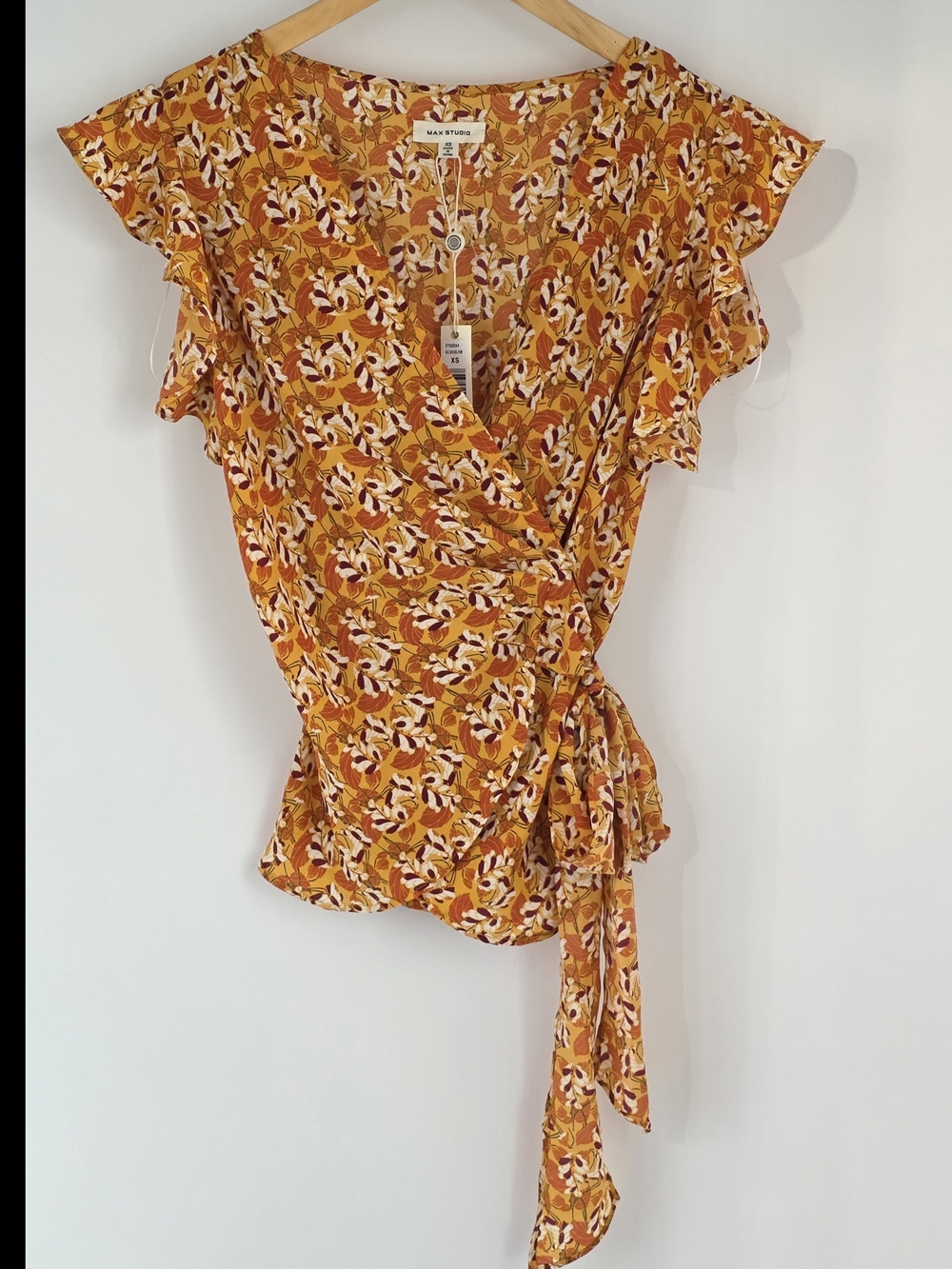 Max Studio Mustard Floral Surplice Faux Wrap Blouse w/Ruffle Sleeves Size XSmall